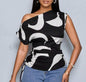 Print Asymmetric Collar Side Drawstring Shirt With Random Printing One Shoulder Top