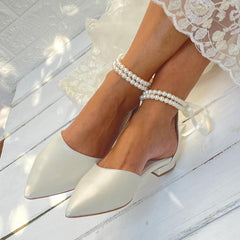 Women's Summer White Pearl Ribbon Flat Sandals