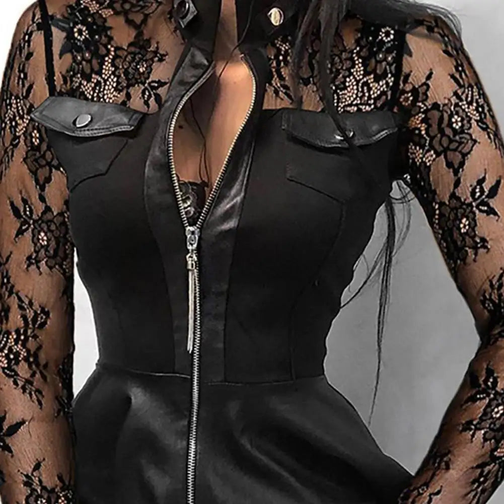 Fashion Dresses Women Lace Long Sleeve Zipper