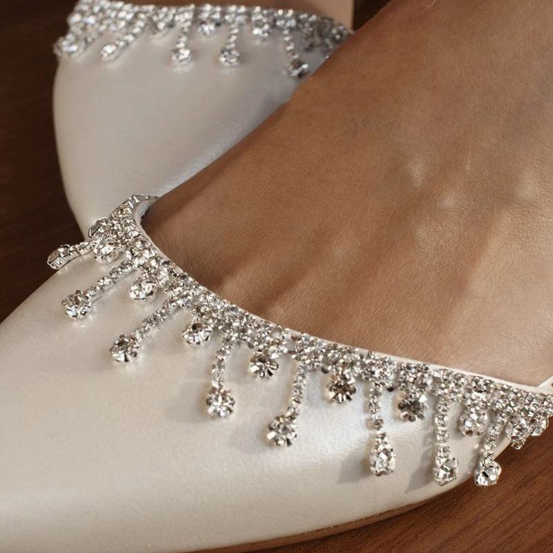 Tassel Rhinestone Decorative White Flat Shoes