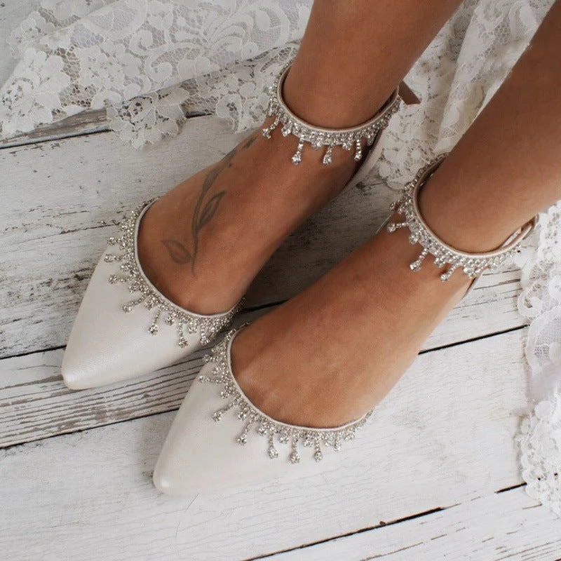 Tassel Rhinestone Decorative White Flat Shoes