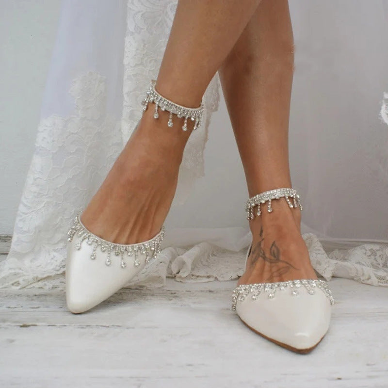 Tassel Rhinestone Decorative White Flat Shoes