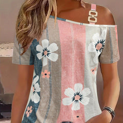 Shoulder-baring Flower Print Button Knitted Short-sleeved T-shirt