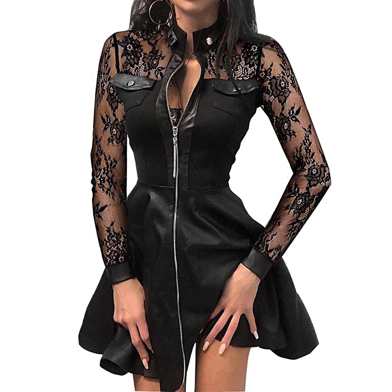 Fashion Dresses Women Lace Long Sleeve Zipper